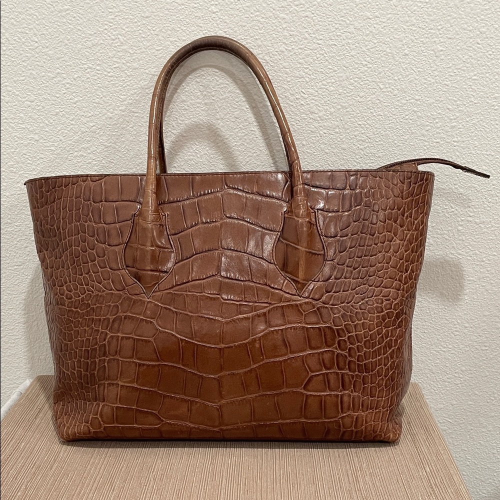 Preloved Furla Brown Croc Embossed Leather Tote